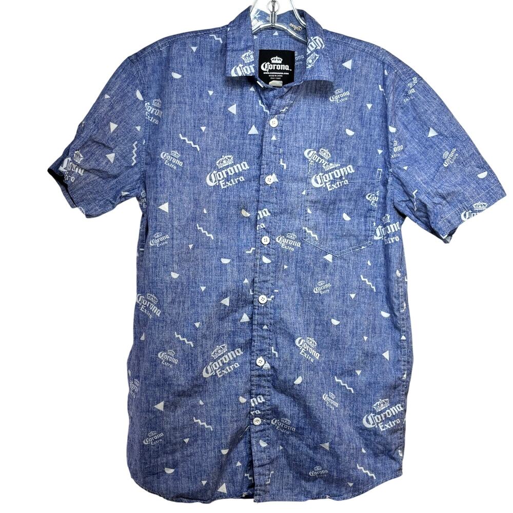Corona Extra Logo Men's Small Button Front Camp Shirt Short Sleeve Blue Cotton